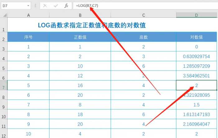 利用Excel函数公式中的LOG函数计算任意正数值和底数的对数值